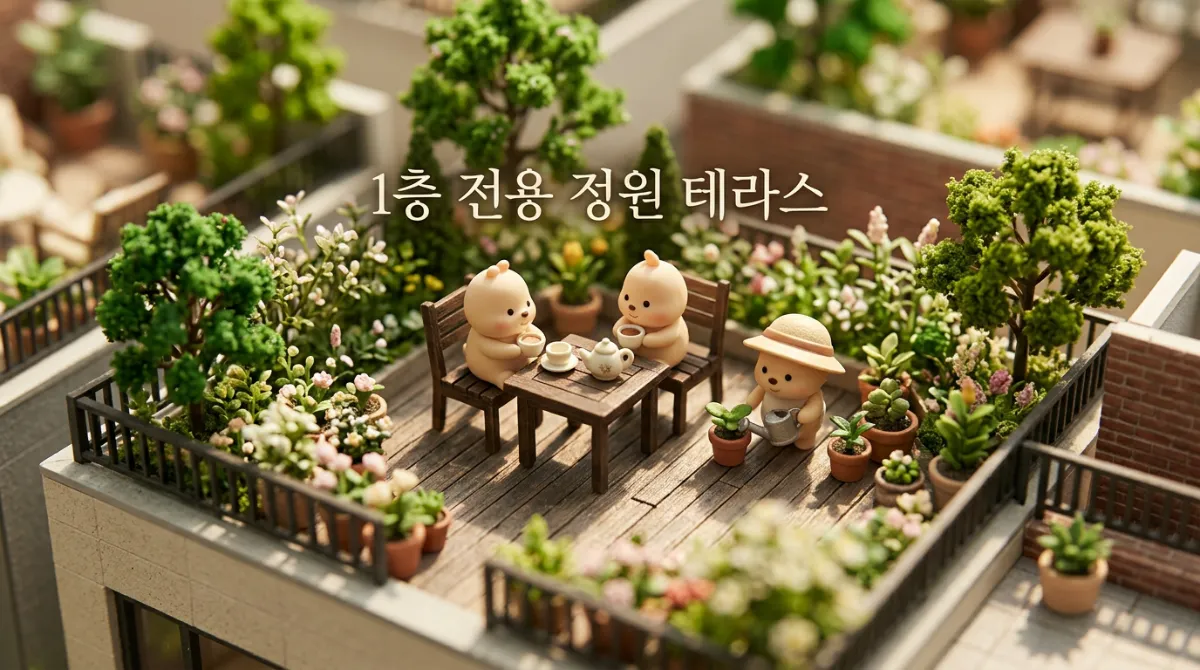 단독 마당과 정원이 연결된 1층 주택 및 타운하우스의 목재 데크 테라스를 표현한 미니어처 디오라마
