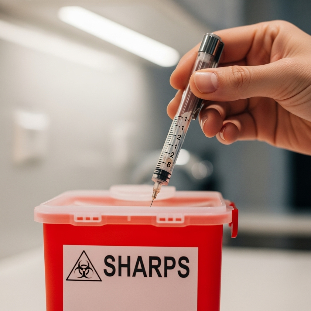 사용한-주사-펜을-가정-환경의-의료용-샤프-용기에-넣어-안전한-폐기하고-있습니다.