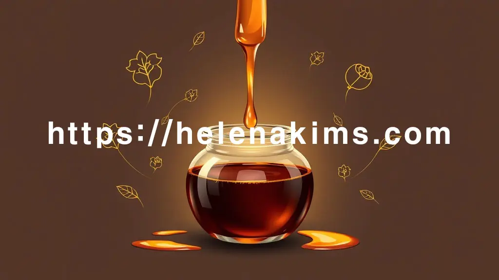 갈색의 밤꿀이 담긴 유리 용기가 화면 중앙에 놓여 있고, 미니멀한 라인 아트 아이콘이 있는 그래픽 이미지.