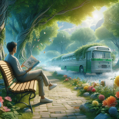 "푸른 하늘과 잔디밭, 나무들 사이에 버스가 지나가는 조용한 정원의 풍경."