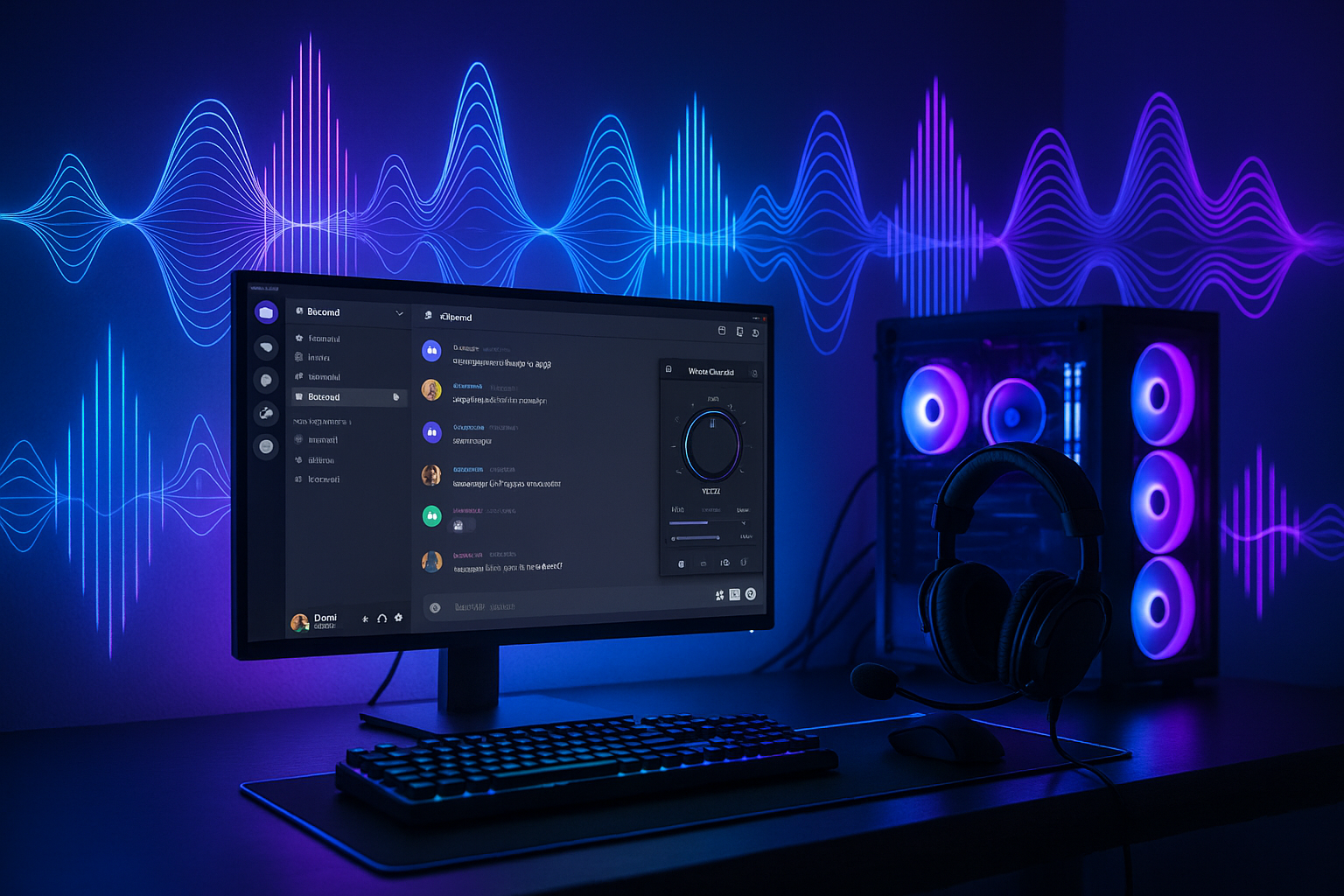 Discord voice changer software interface on gaming computer setup with professional microphone and headset for real-time voice modulation