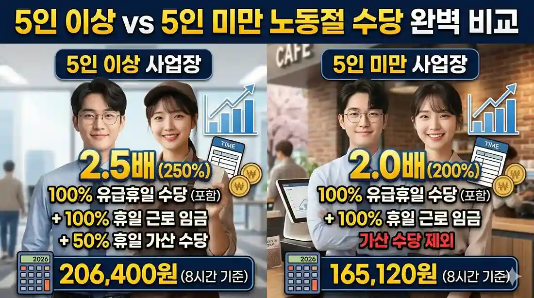 2026년 노동절 수당 사업장 규모별 비교 인포그래픽. 5인 이상 사업장은 가산수당을 포함해 2.5배(206,400원), 5인 미만 사업장은 가산수당 제외로 2.0배(165,120원) 지급됨