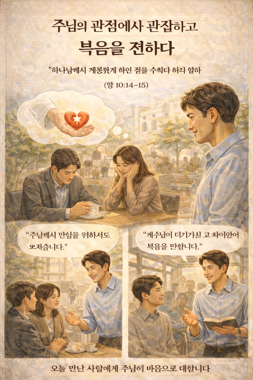 행 10:14-15 말씀을 보며&amp;#44; 제가 생각하는 세상적인 지혜나 지식이나 경험을 따라 바로 판단할 것이 아니라 주님께서 창조하신 것을 생각하며&amp;#44; 주님의 관점에서 바라볼 것이 도전이 되었고&amp;#44; 오늘도 만나는 환경이나 상황 속에서 영혼의 마음을 제 나름대로 판단하기 보다 주님의 관점에서 관찰하고 복음을 전하는 시도하는 모습입니다.