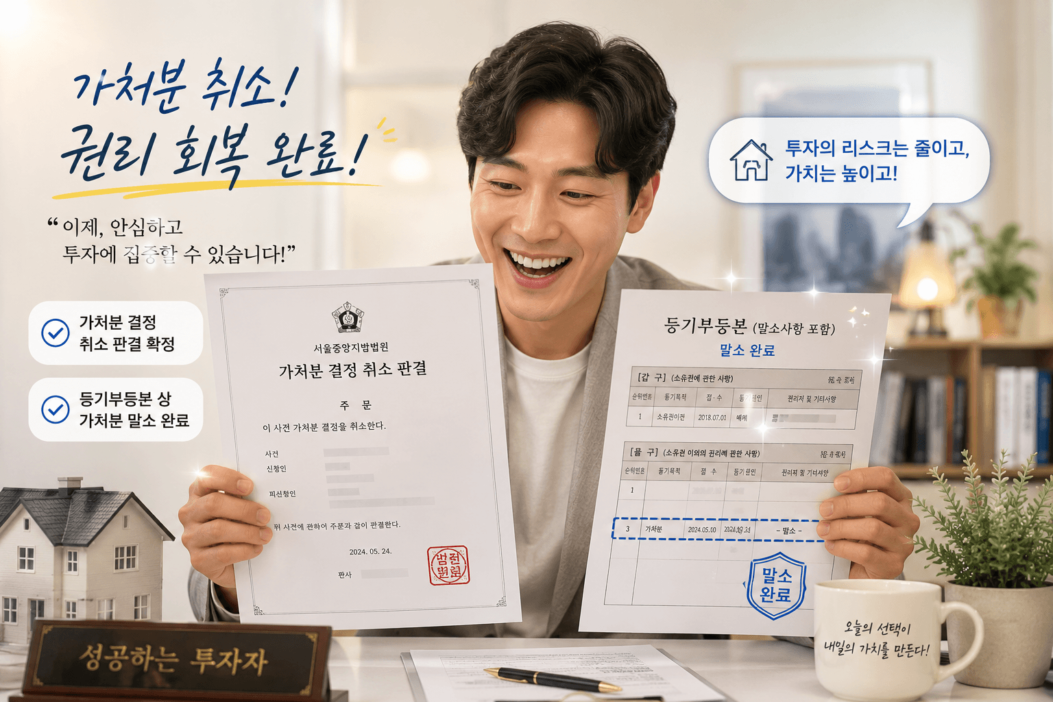 법원으로부터 발급받은 가처분 결정 취소 판결문과 말소 완료된 등기부등본을 대조하며 환하게 웃고 있는 부동산 투자자 모습