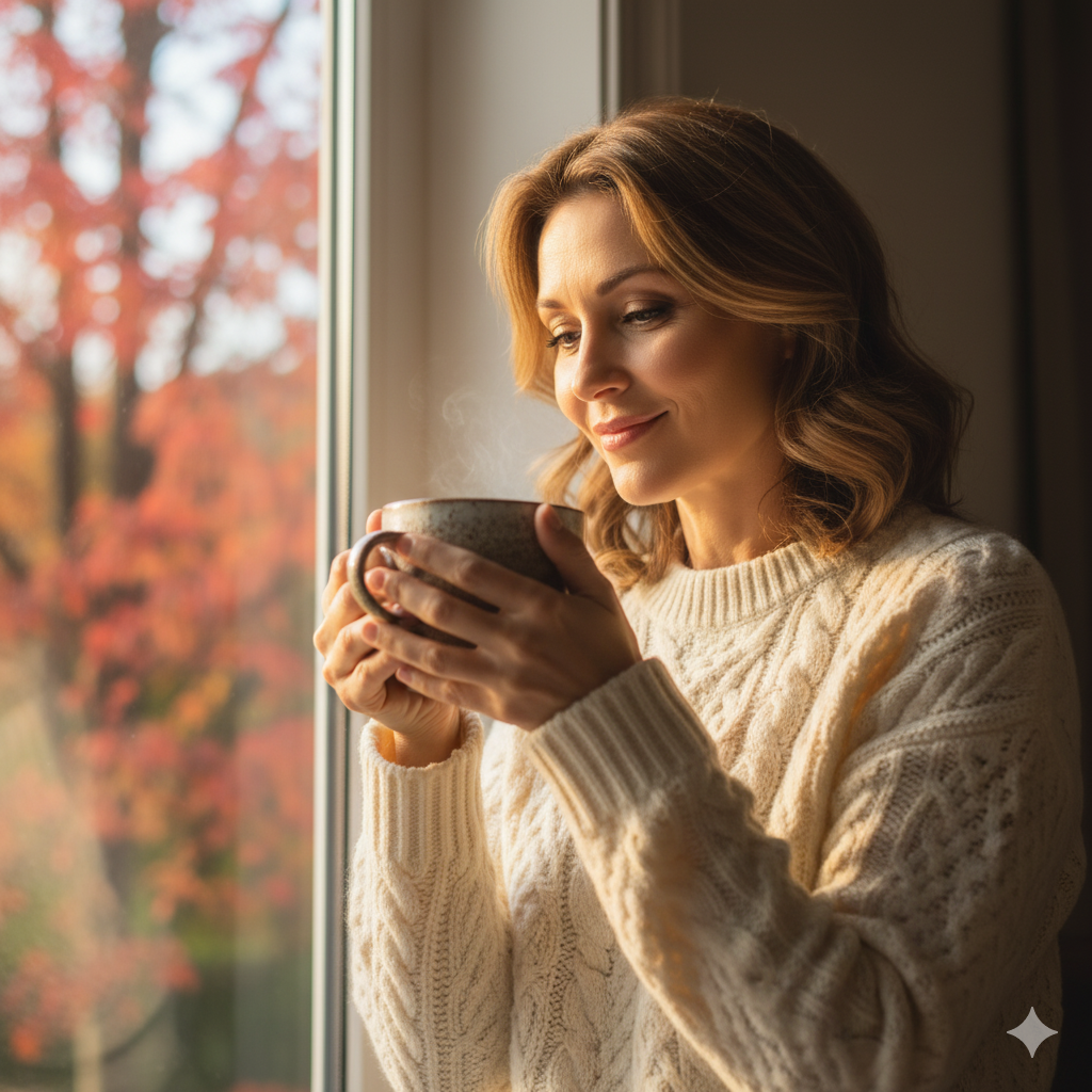 창가에 앉아 따뜻한 차를 두 손으로 감싸고 미소 짓는 여성 (환절기 면역력 비결)