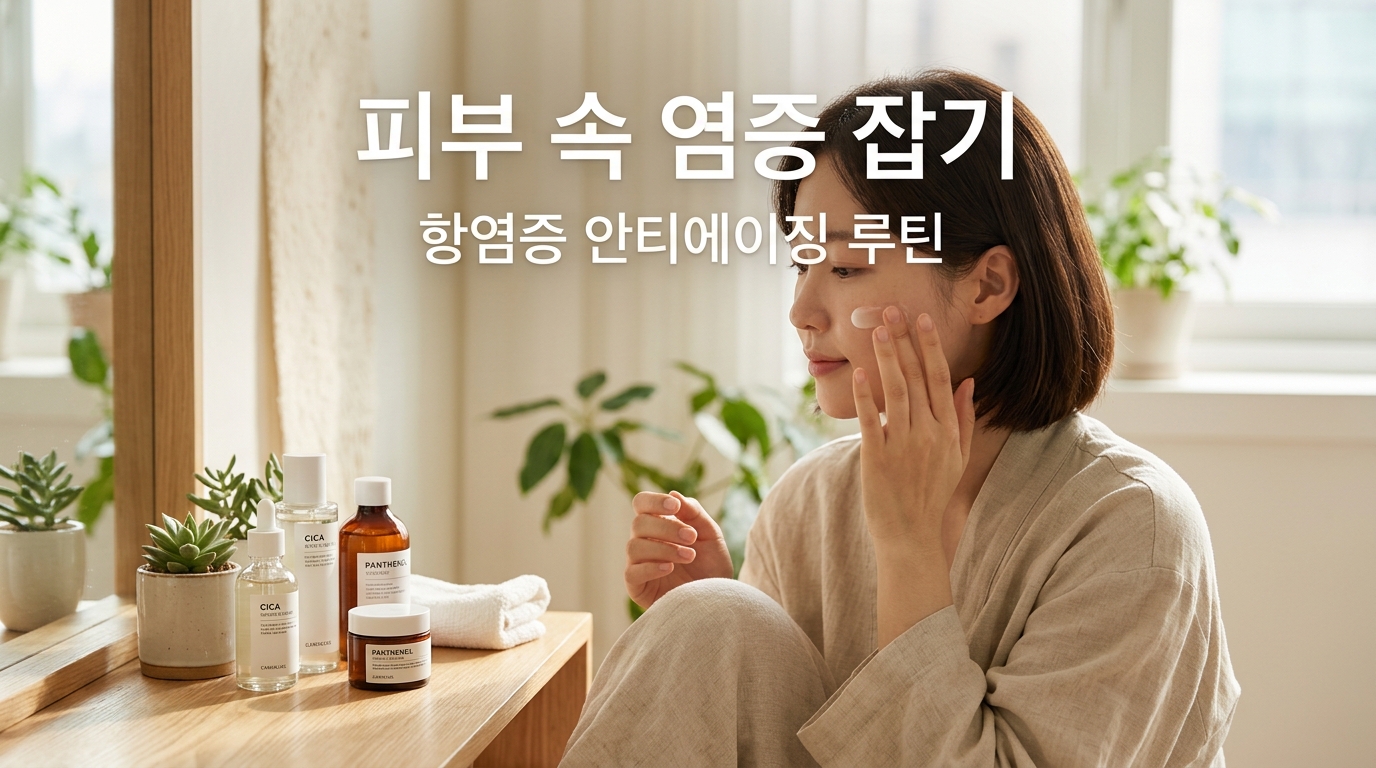 자극 없이 편안하게 진정 크림을 바르는 모습과 함께, 피부를 진정시키는 기초 제품들이 놓여 있는 모습. '피부 속 염증 잡기', '항염증 안티에이징 루틴'이라는 문구를 통해 자극적인 화장품보다는 근본적인 진정 관리의 중요성을 강조함.