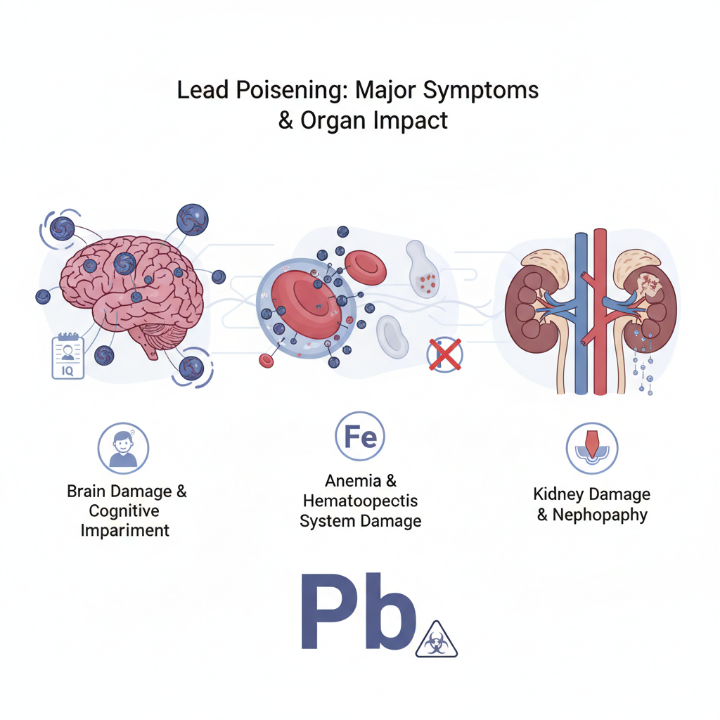 납 중독의 주요 증상 및 영향 (빈혈, 신장 손상, 뇌 손상)