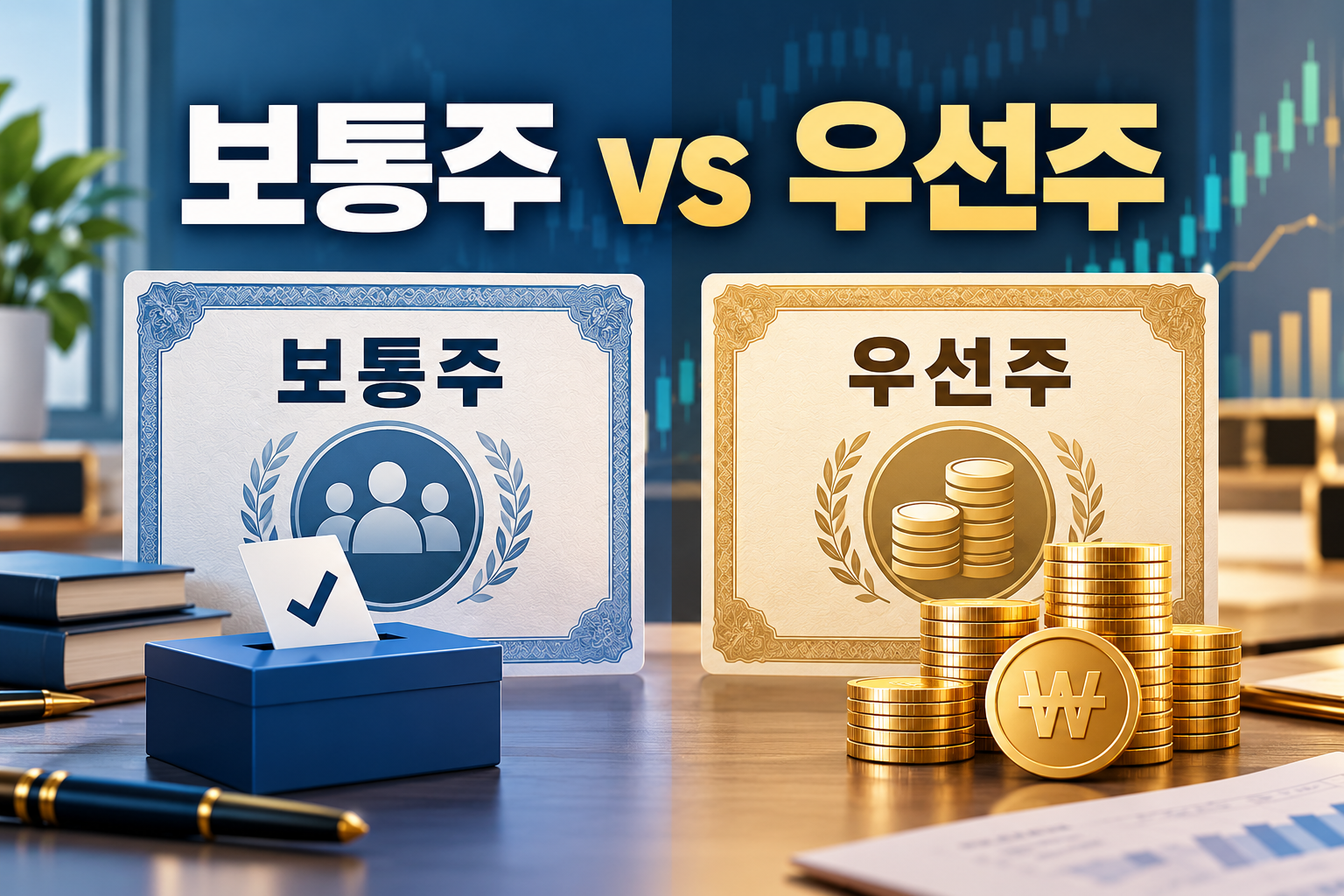 보통주 우선주 차이를 의결권과 배당 우선권으로 비교한 대표 이미지