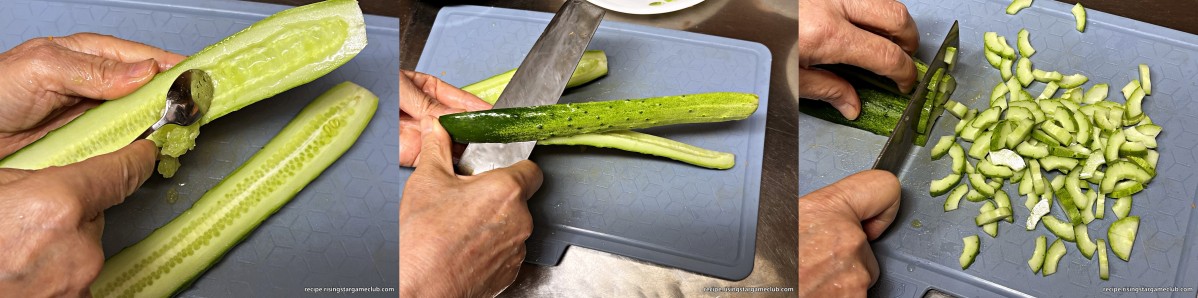 샐러드 빵 (사라다 빵)에 들어갈 오이의 씨를 제거하고 길게 잘라서 채써는 사진
