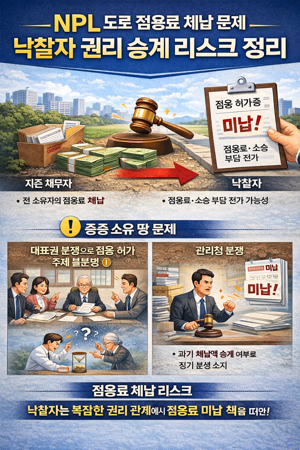 전 소유자의 도로 점용료 체납으로 낙찰자가 분쟁에 휘말리는 NPL 투자 위험 구조 이미지