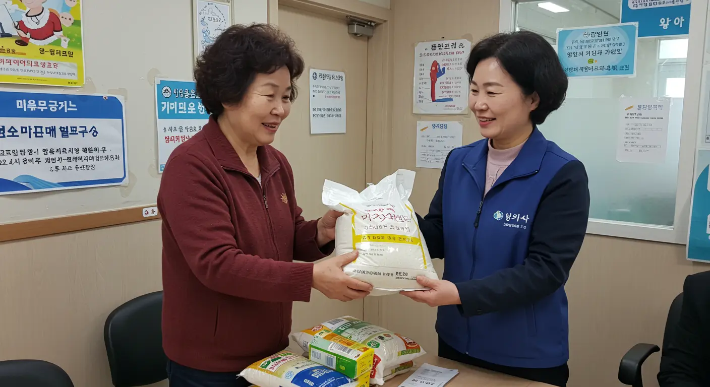 긴급복지 지원금으로 쌀과 생필품을 수령하는 여성