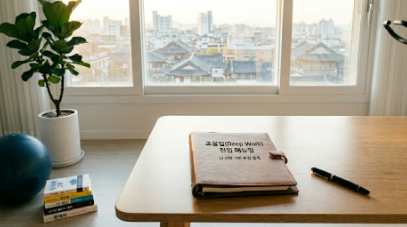 고몰입 환경 설계 매뉴얼과 바인더 기록으로 완성된 5시 루틴 홈 오피스 작업실 사진 (A photo of a 5 AM routine home office workshop with a minimalist setup manual and binder records)