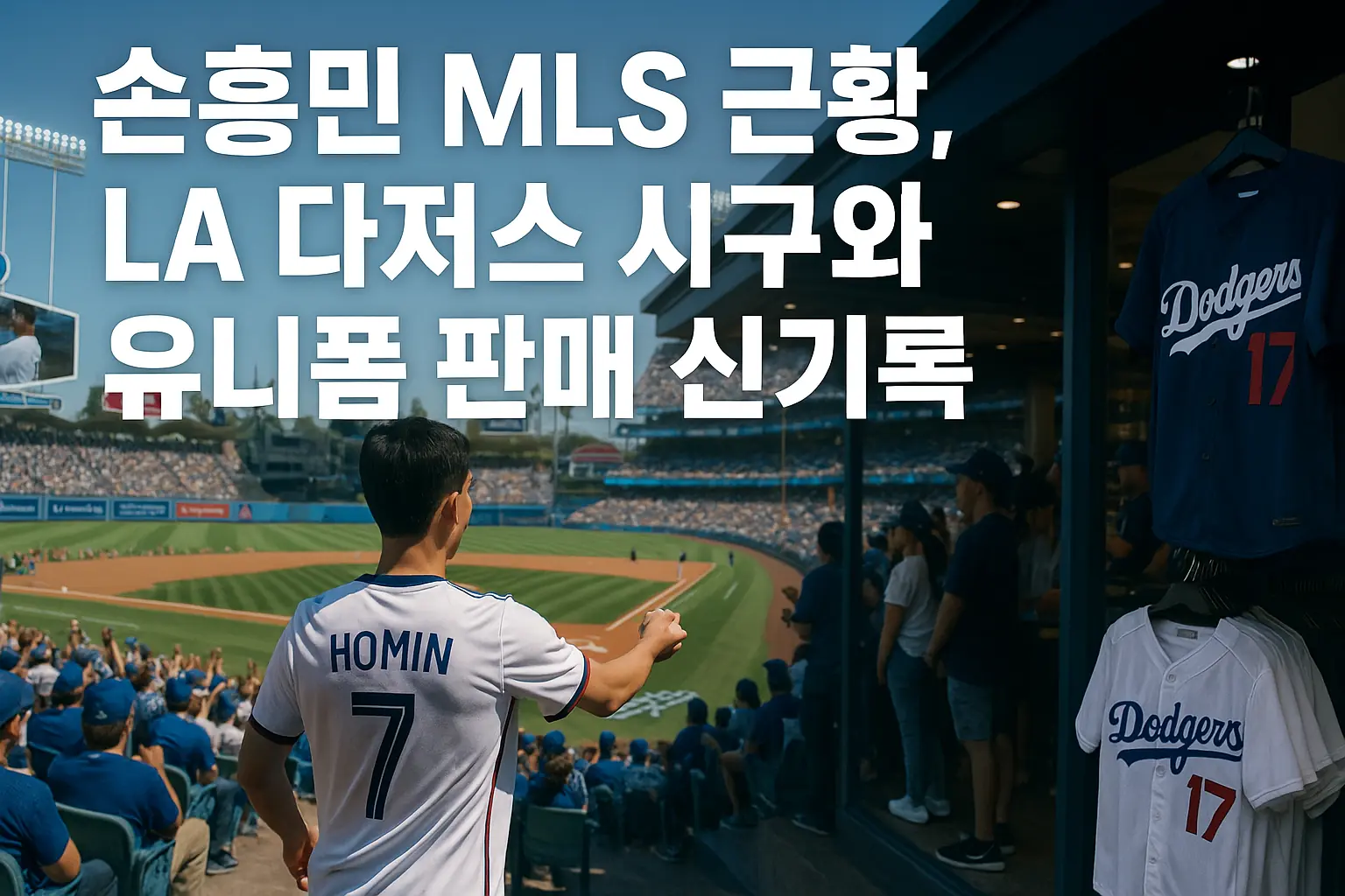 손흥민 선수가 LA 다저스 경기장에서 시구를 준비하는 모습과 함께, 다저스 유니폼이 진열된 상점 풍경이 함께 담긴 썸네일. '손흥민 MLS 근황, LA 다저스 시구와 유니폼 판매 신기록'이라는 굵은 한글 텍스트가 강조되어 있다.