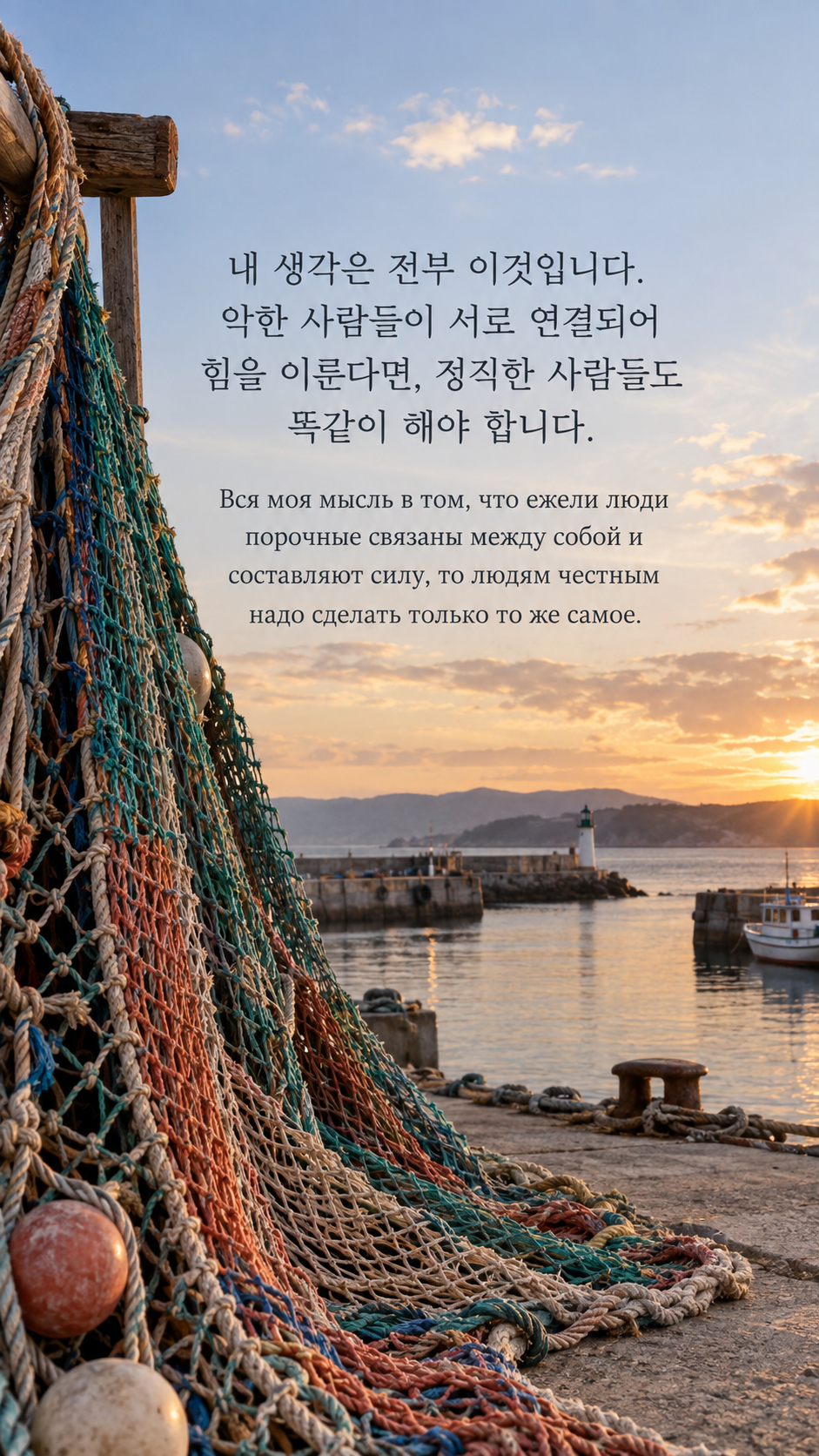 정직한 사람들도 연결되어야 한다 — 항구에 걸린 여러 색의 그물