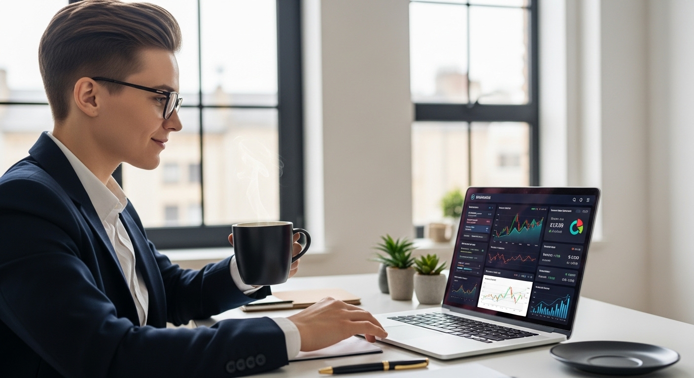 노트북으로 개인 금융 대시보드를 확인하며 자산을 관리하는 MZ세대 직장인