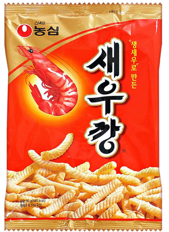 아르헨티나붉은 새우가 어떻게 생겼는 지 보여주는 사진과 과자 새우깡에 있는 홍새우 사진.