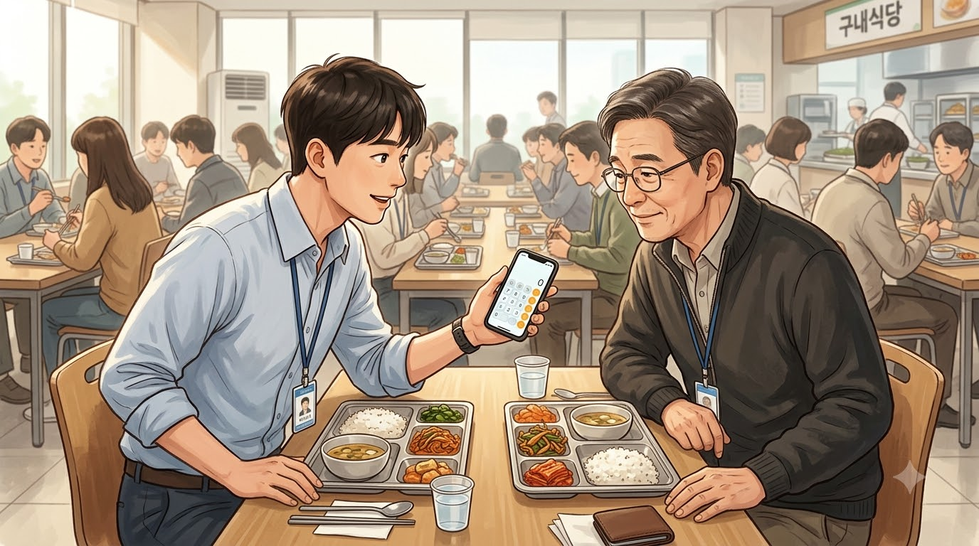 점심시간 회사 식당에서 후배가 휴대폰 계산기를 보여주며 50대 선배에게 질문하는 장면