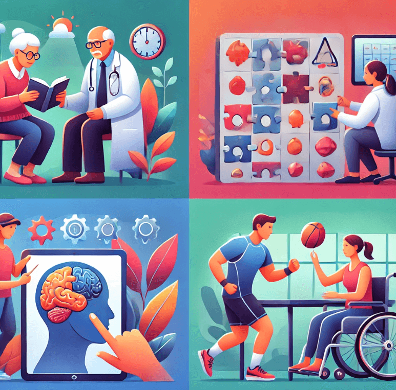 인지재활치료 (CRT) 의 개요에 대한 일러스트레이션이 제작되어 다양한 응용 분야를 강조한 그림