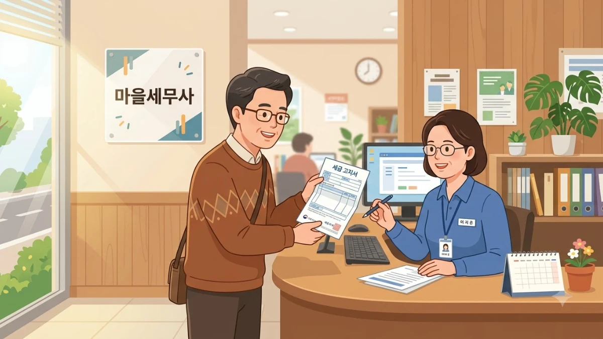 한국인 중년 남성이 주민센터 창구에서 담당 직원에게 세금 고지서를 보여주며 상담받는 장면