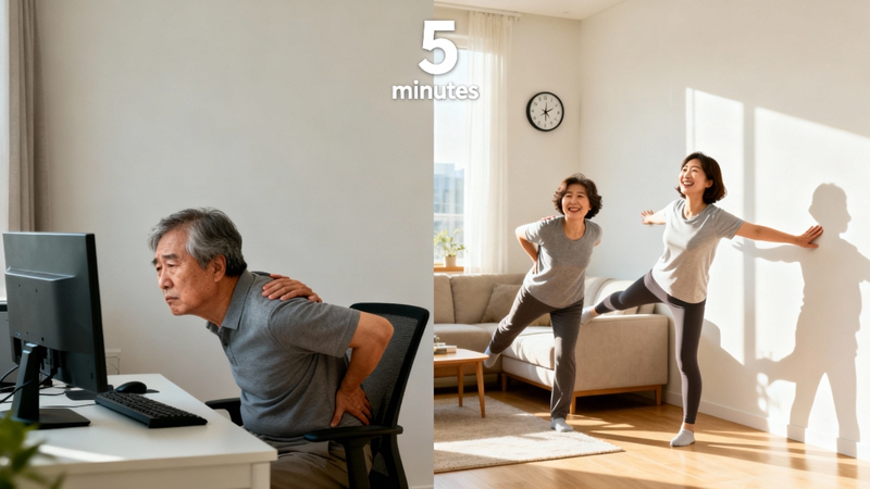 50대 중장년층이 굳은 몸으로 통증을 호소하다가 하루 5분 스트레칭으로 유연성과 젊음을 되찾는 Before/After 모습. 중장년 건강 스트레칭.