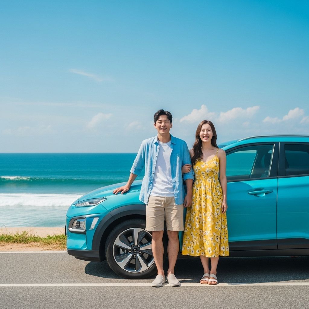 경차 사랑카드&amp;#44; 제주도 해안도로에 서서 자동차에 기대 연인