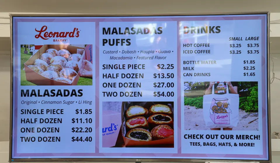 하와이 레오나즈 베이커리 메뉴판