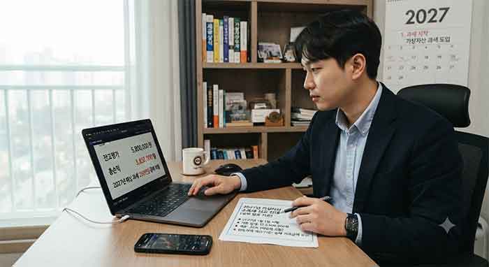 화창한 날에 모니터 앞에 않자 있는 남자.