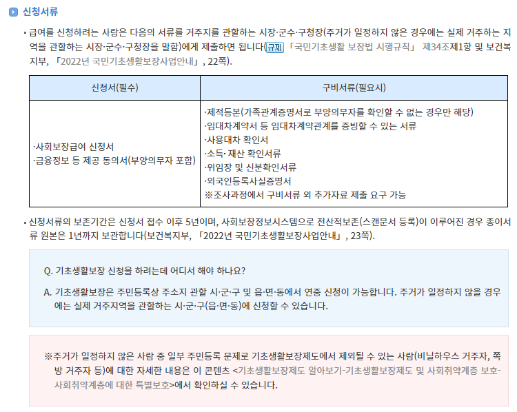 기초생활생계급여수급자 신청 서류