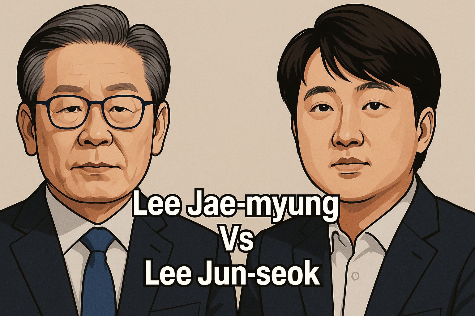 이재명과 이준석의 얼굴을 배경으로 한 사주팔자 기반 대선 승자 예측 배너 이미지