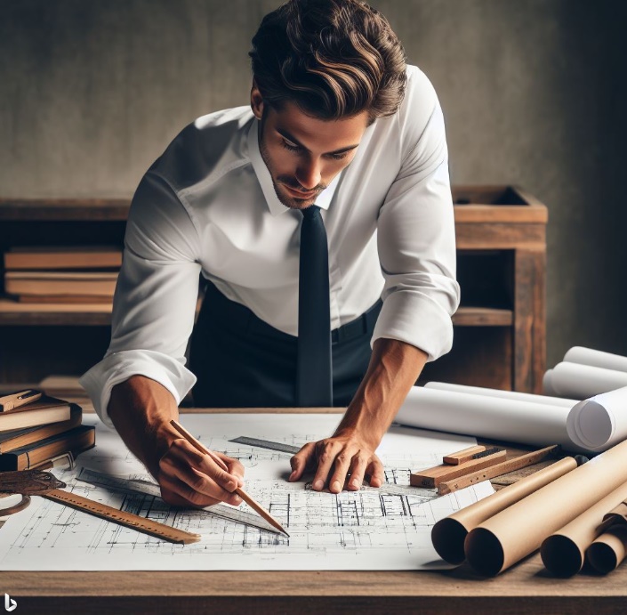 제도판 위 에서 설계도를 그리는 건축가의 모습
