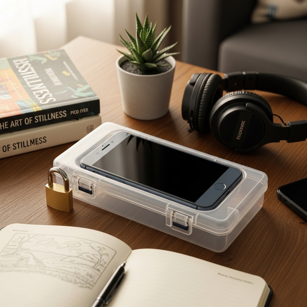 스마트폰을 잠금 장치에 넣어 디지털 디톡스를 실천하는 모습