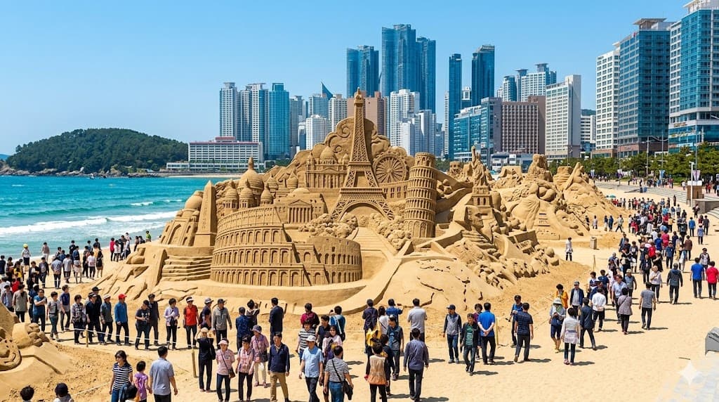 Impressive large-scale sand sculptures displayed on Haeundae Beach during the 2026 Sand Festival in Busan, South Korea.