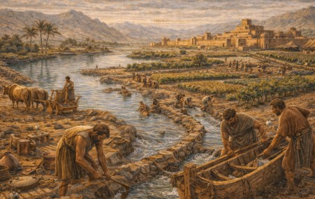 사막의 오아시스를 중심으로 수로를 만들고 농경지를 일구는 마르기아나 사람들