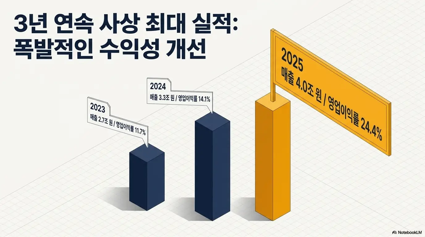 HD현대일렉트릭 주가 전망: HD현대일렉트릭의 3년 연속 사상 최대 실적을 막대그래프로 보여주는 인포그래픽. 매출은 2023년 2.7조 원에서 2025년 4.0조 원으로 늘었고 영업이익률은 11.7%에서 24.4%로 개선됐다. 외형 성장과 수익성 개선이 동반된 흐름을 시각적으로 전달한다. 