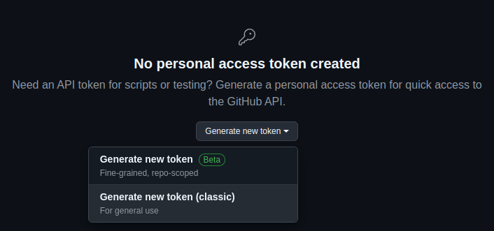 Generate new token - Generate new token (classic) 메뉴