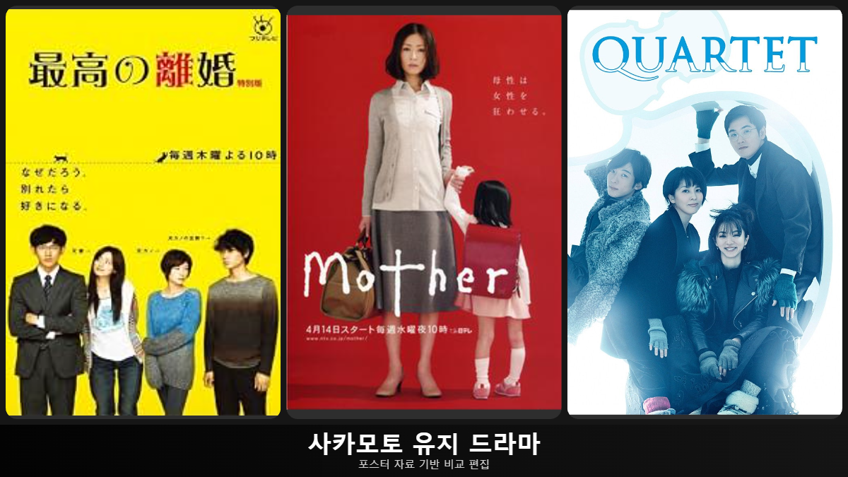 포스터 자료: 최고의 이혼(IMDb) · Mother(Wikipedia) · 콰르텟(TMDB) · 비교 편집: 드라마틱