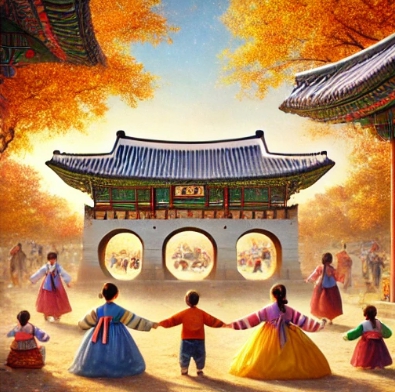 한복을 입고 손을 잡고 서 있는 모습