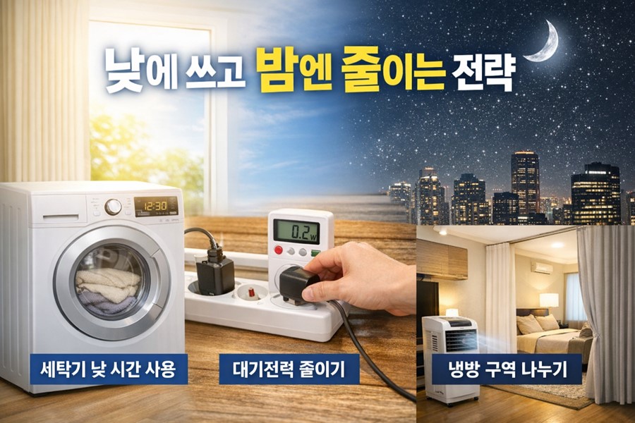 2026년 여름 전기요금을 줄이기 위한 낮 시간 전력 사용과 밤 시간 절약 전략을 설명하는 생활형 일러스트 이미지