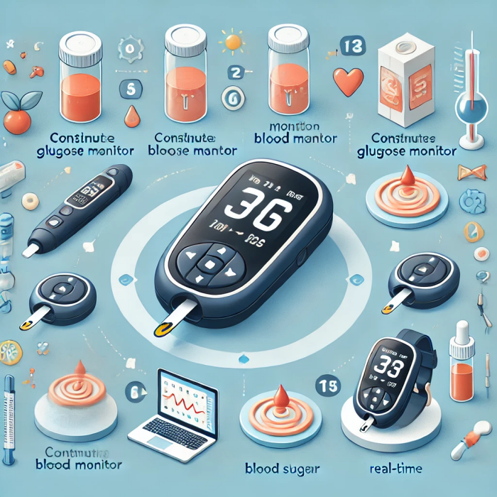 연속혈당측정기(CGM) 사용법을 단계적으로 보여주는 시각 자료.