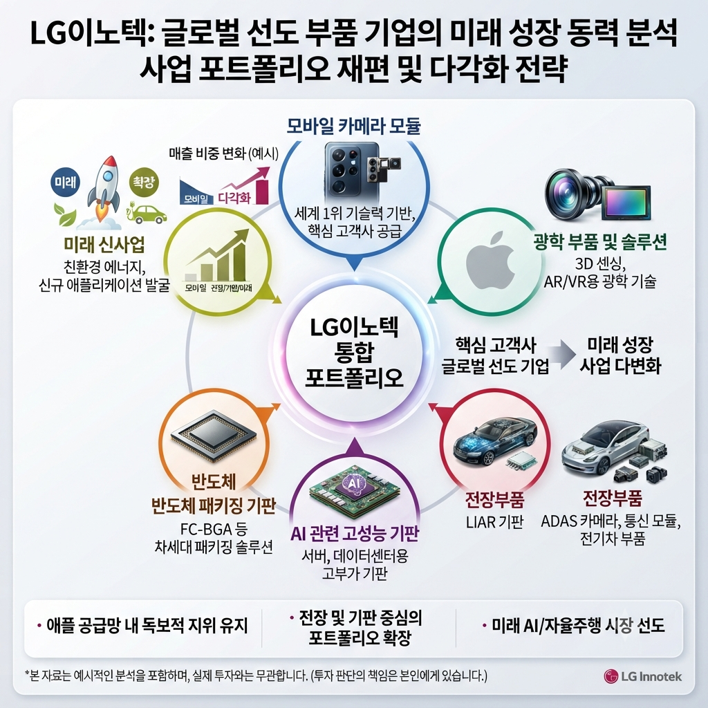 LG이노텍의 애플 카메라 부품&middot;AI 부품&middot;전장 사업을 보여주는 기업 분석 이미지