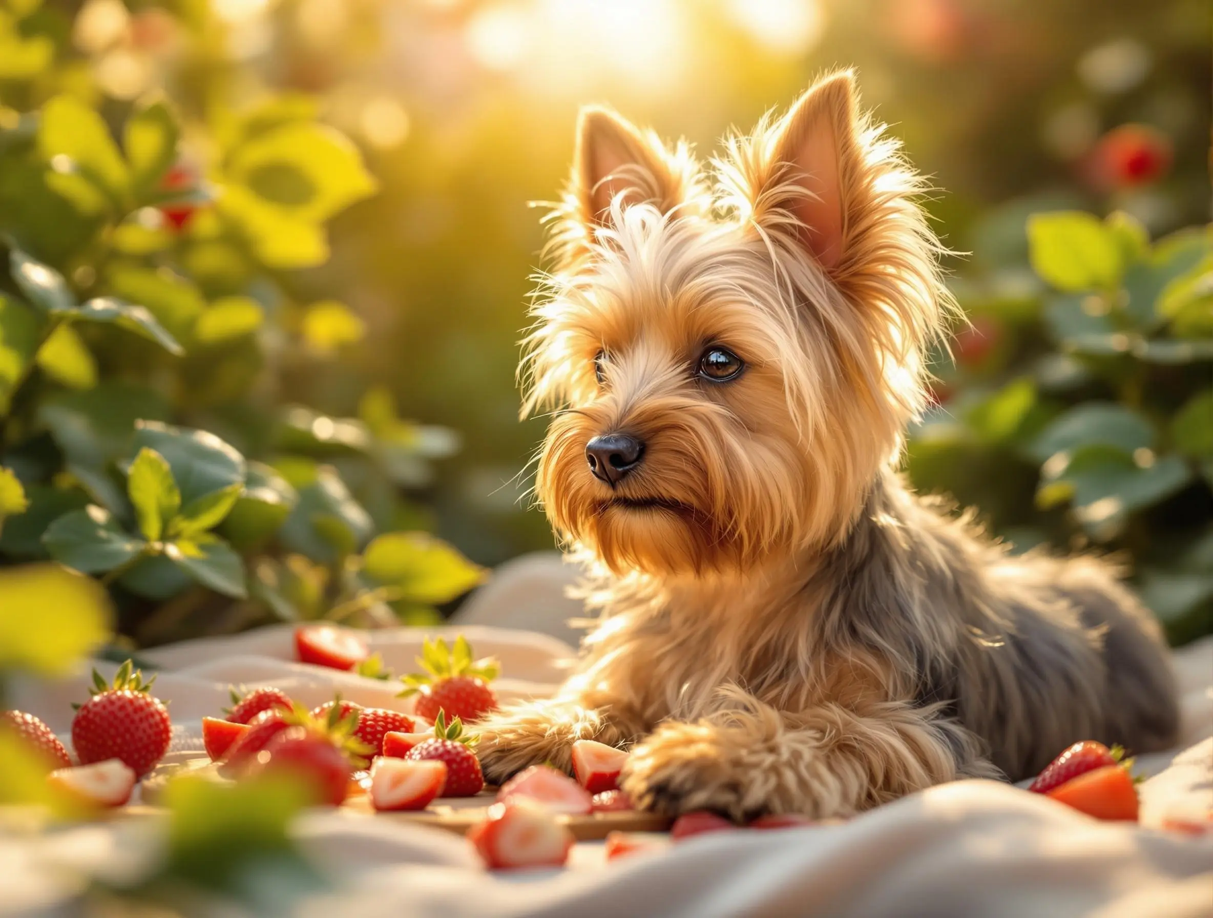 햇살 아래에서 딸기와 함께 있는 요크셔테리어 강아지