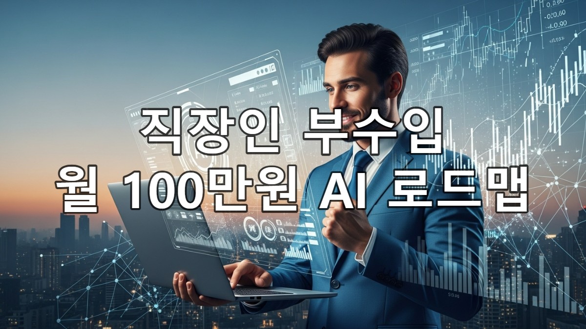 AI 기술을 활용해 퇴근 후 부수입을 창출하는 평범한 직장인이 노트북을 바라보며 성공적인 미래를 상상하는 모습.