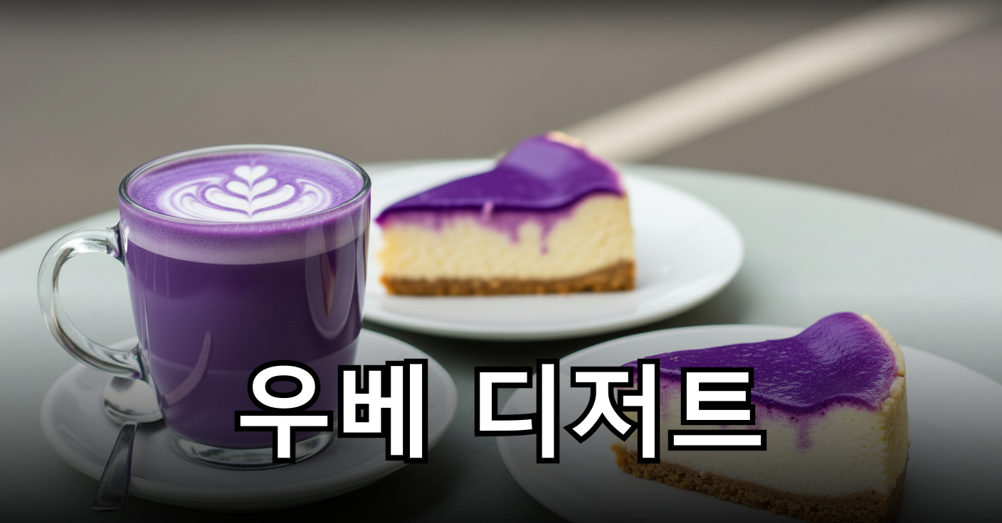 선명한 보랏빛 우베 라떼와 치즈케이크