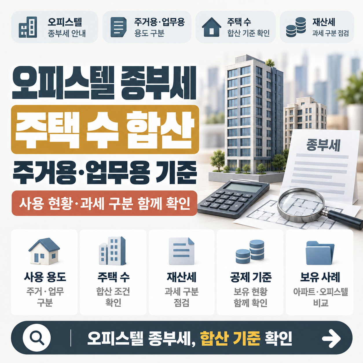 오피스텔 건물과 종합부동산세 고지서 위에 주택 수 판단 기준이 표시된 이미지