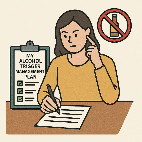 알코올 중독 재발 방지를 위한 개인적인 트리거 관리 계획을 세우고 실천하는 여성의 모습, 술 유혹 차단 전략