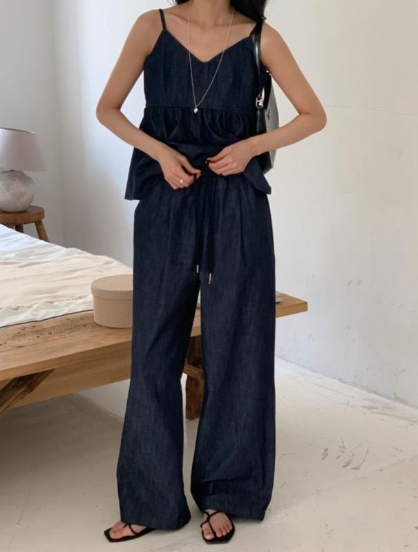 (당일)논페이드 데님 나시 뷔스티에 밴딩 팬츠 상하 셋업)