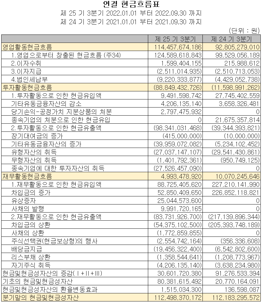 드림텍 - 현금흐름표
