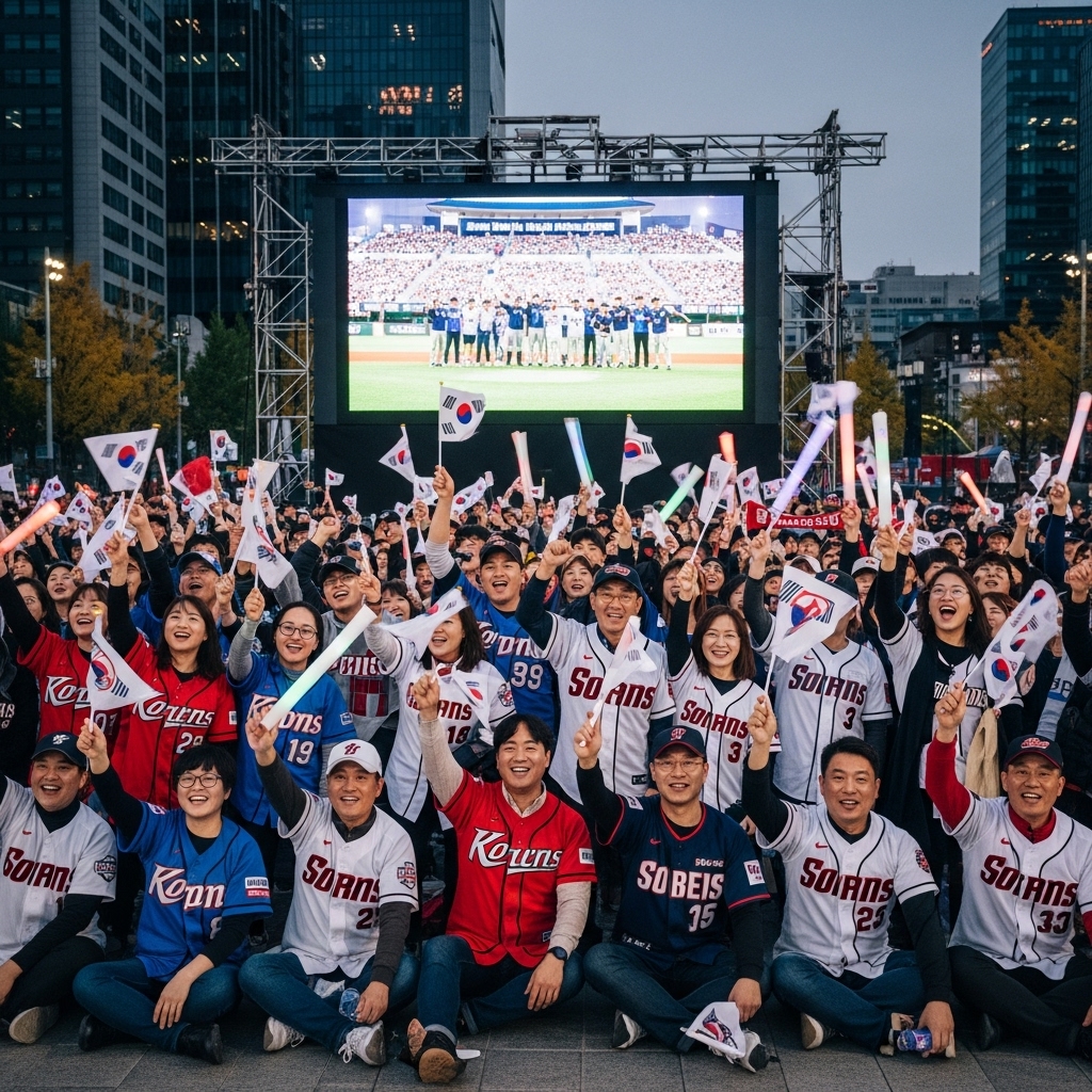 2025 한국시리즈, 티켓 없이도 경기장 밖에서 대형 스크린으로 함께 야구를 응원하는 열정적인 팬들의 모습