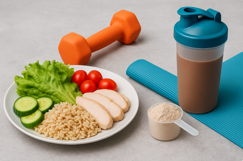 단백질 쉐이크와 아령, 홈트 매트가 놓인 장면