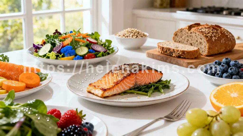 주방 식탁 위에 신선한 연어 스테이크, 다채로운 유기농 채소 샐러드, 통곡물 빵, 다양한 견과류와 블루베리 같은 베리류가 예술적으로 정갈하게 놓여 있습니다.